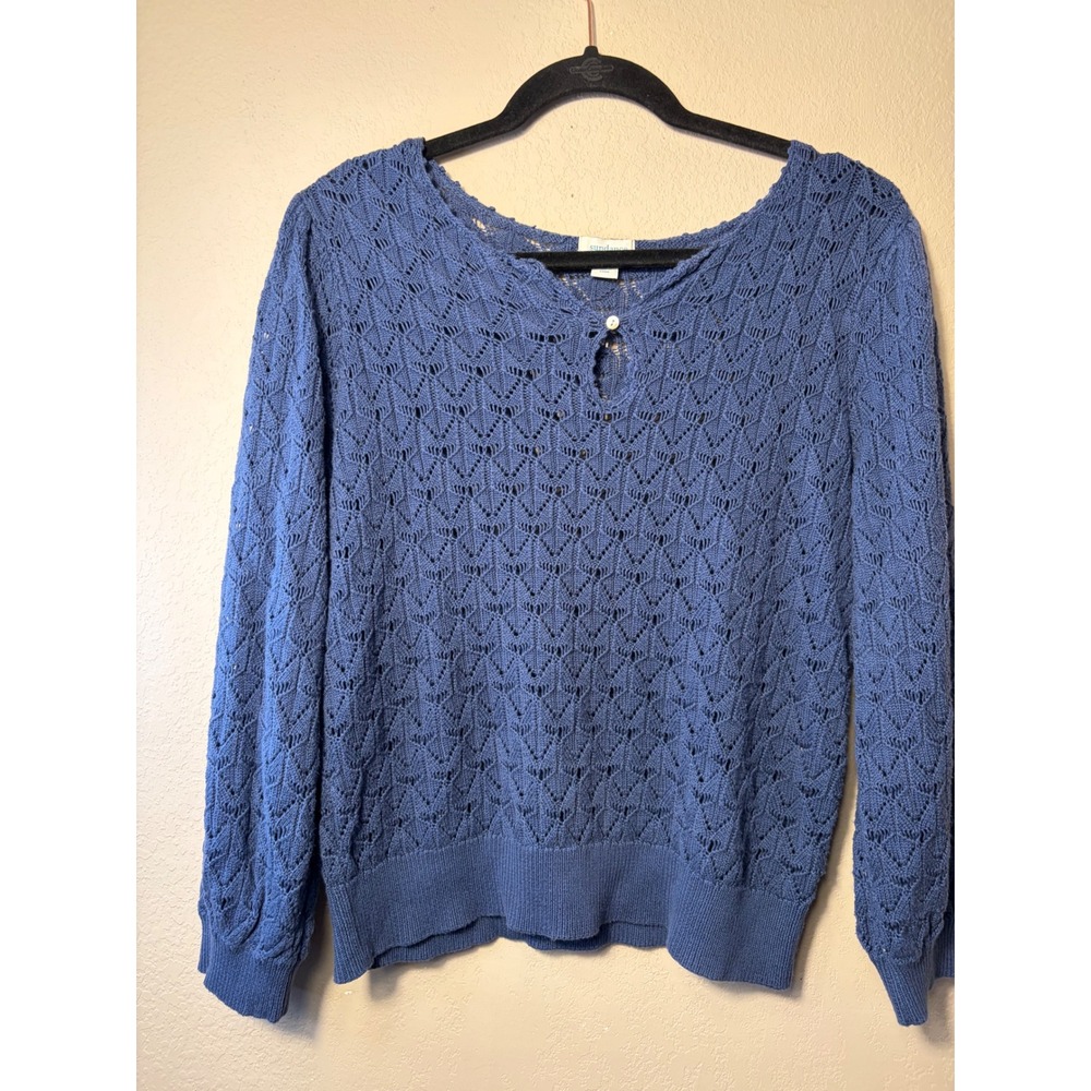 Sundance Blue Pointelle Knit Cotton Modal Keyhole Sweater Petite Large PL
